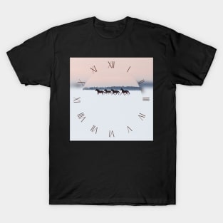 Four horses galloping on snowy paddock T-Shirt